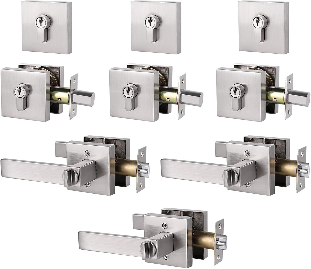 6 Pack Keyed Alike Lever Door Handle and Deadbolt Lock Set, Satin Nickel V405