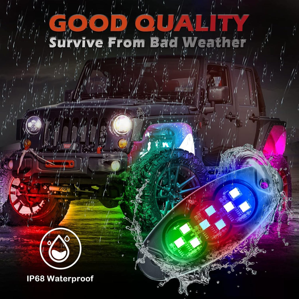 10 Pods RGB Rock Lights for Trucks, Multicolor Chasing Neon Underglow Lights Kits with APP/Remote Control & Music Mode, Waterproof IP68 Pack of 2 F773138
