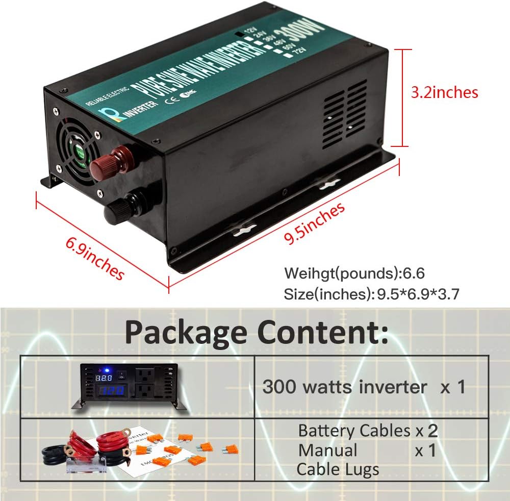 300W Pure Sine Wave Car Power Inverter 24VDC Black Pack of 2 V406614