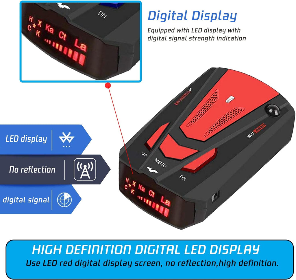 Radar Detector with LED Display, City/Highway Mode, Auto 360 Degree Detection (Red) I984124