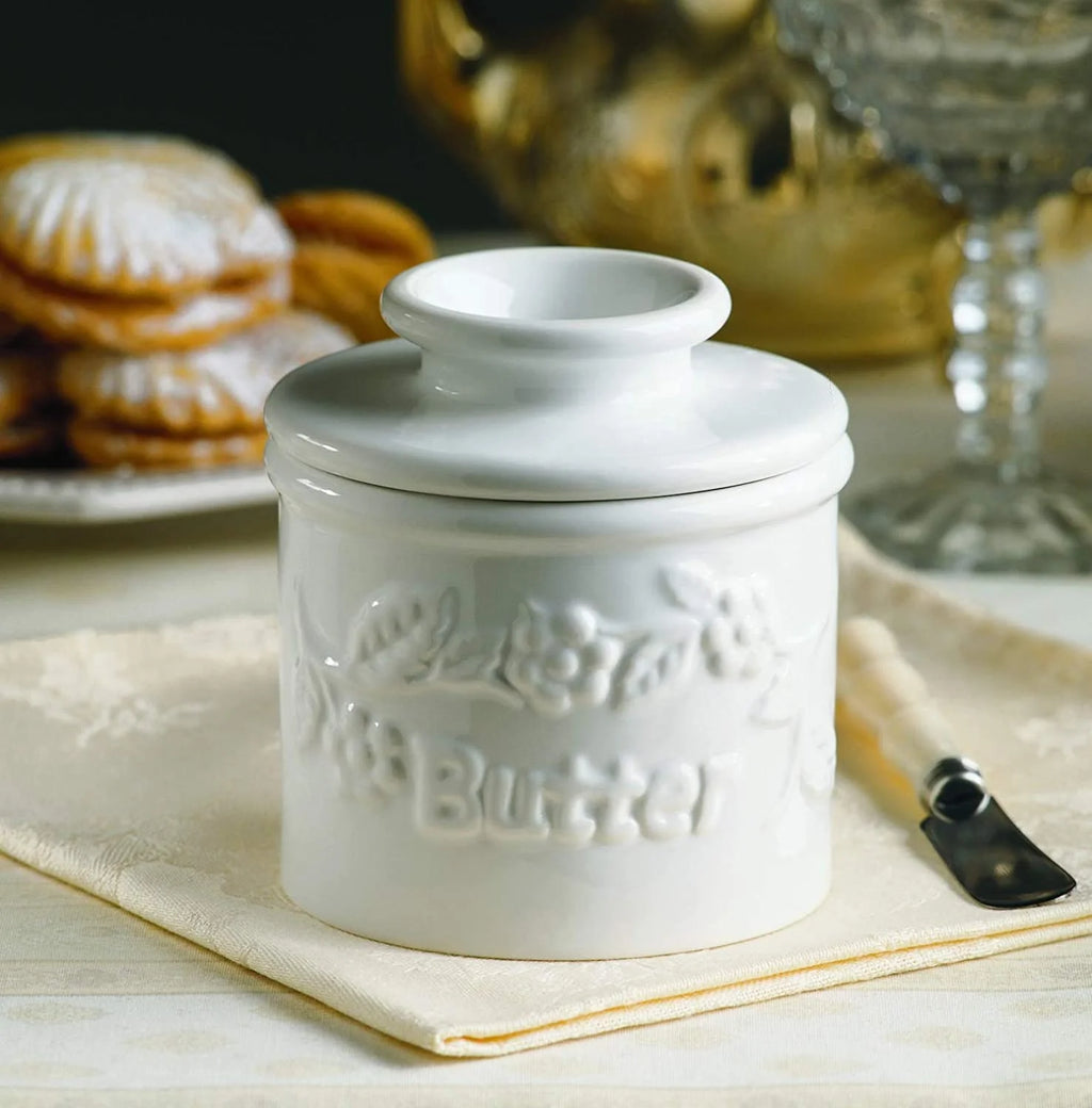 White Raised Floral French Ceramic Butter Dish Keeper W5928