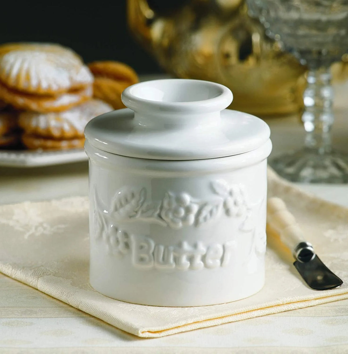 White Raised Floral French Ceramic Butter Dish Keeper W5928