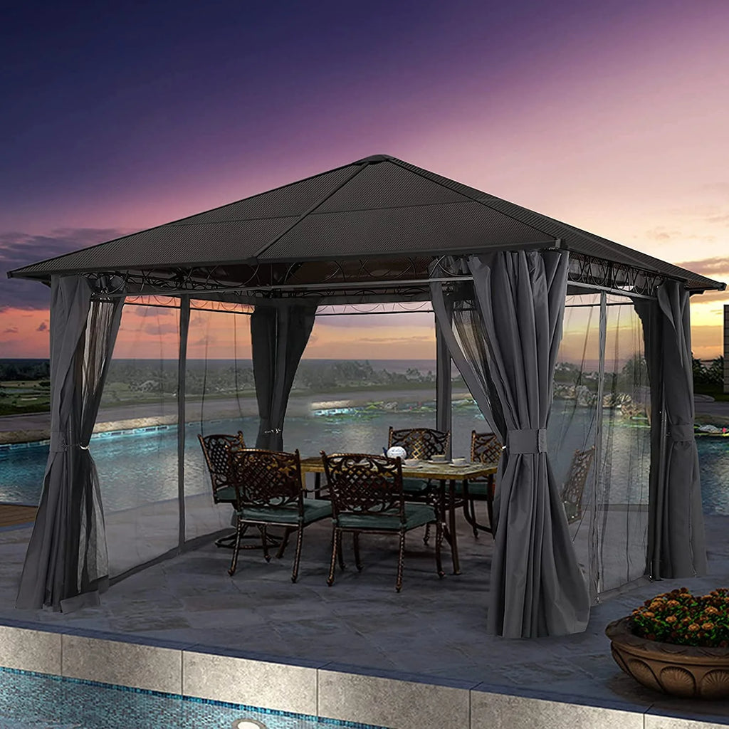 10x10 Hardtop Patio Gazebo with Netting and Screen Walls Curtains, Dark Gray W959