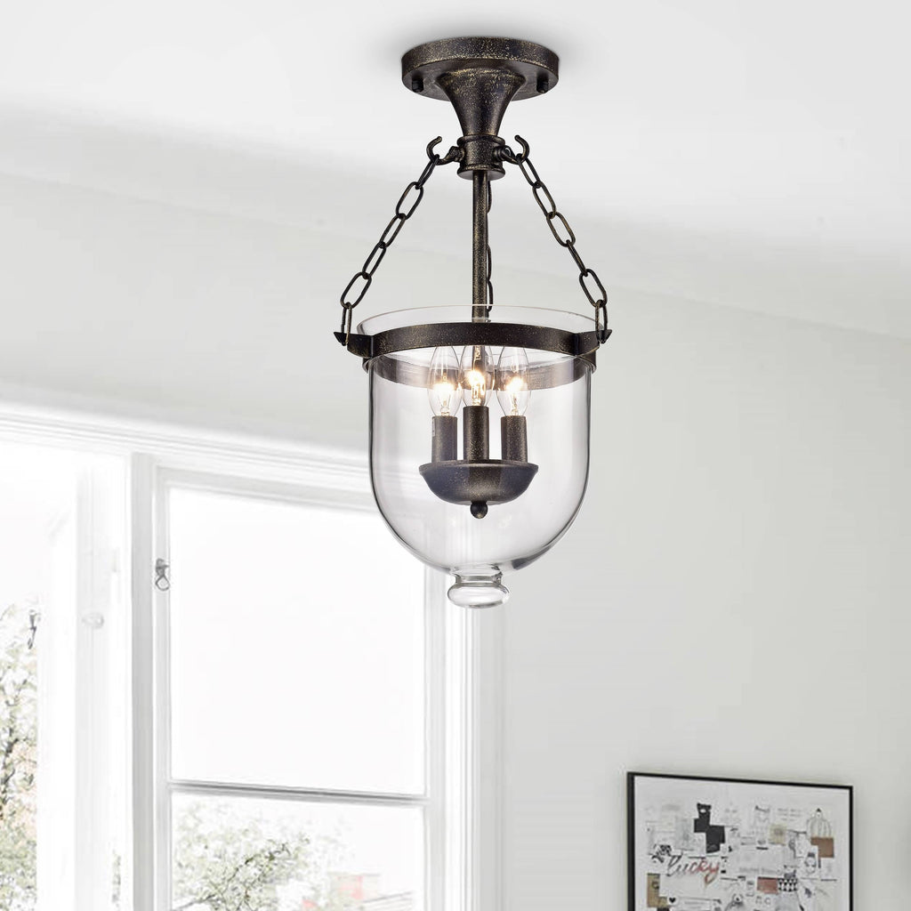 Antique Bronze 3-Light Glass Lantern Semi Flush Mount I15347
