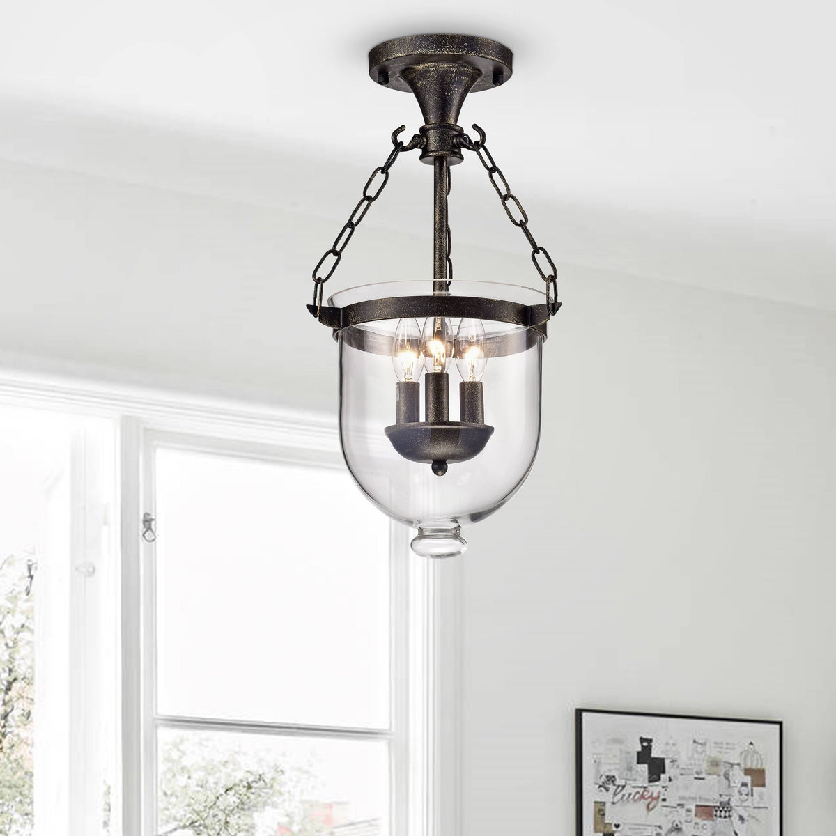 Antique Bronze 3-Light Glass Lantern Semi Flush Mount I15347