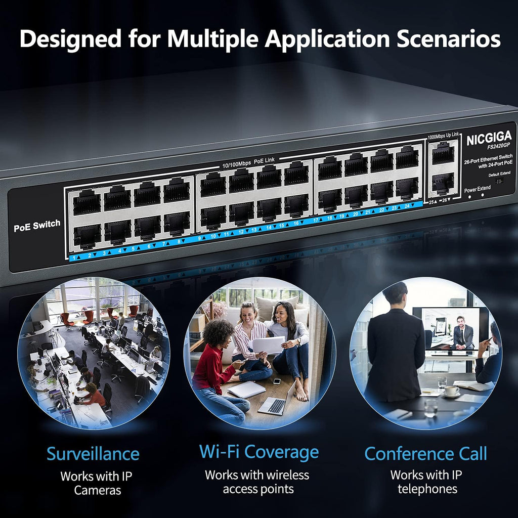26 Port PoE Switch with 24 Ports 10/100Mbps PoE+@400W, 2 Gigabit Uplink Ports, Metal Case T168345