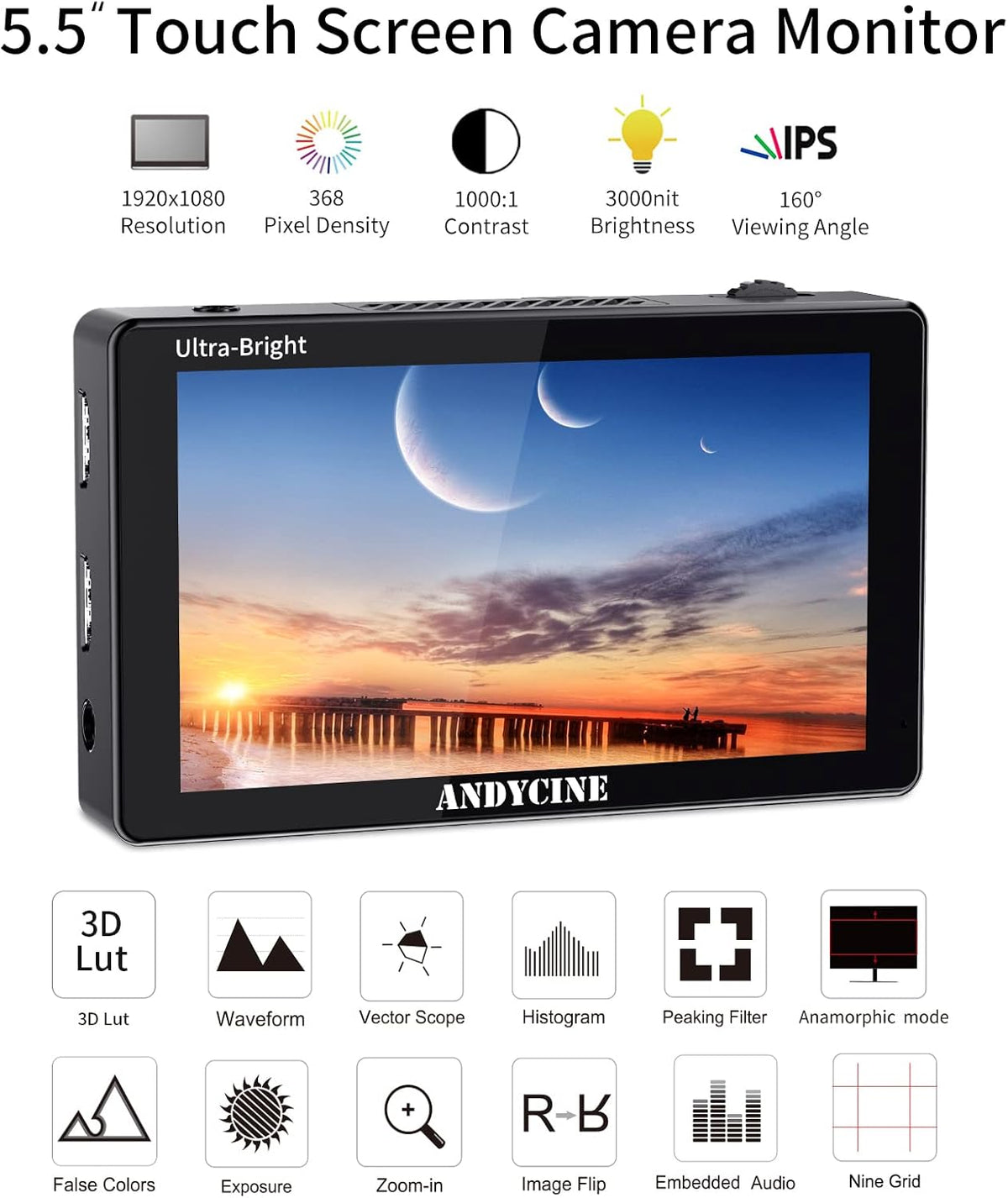 5.5 Inch 3000nit Touch Screen On-Camera Field Monitor with F970 External Power 4K HDMI Input Output R2775