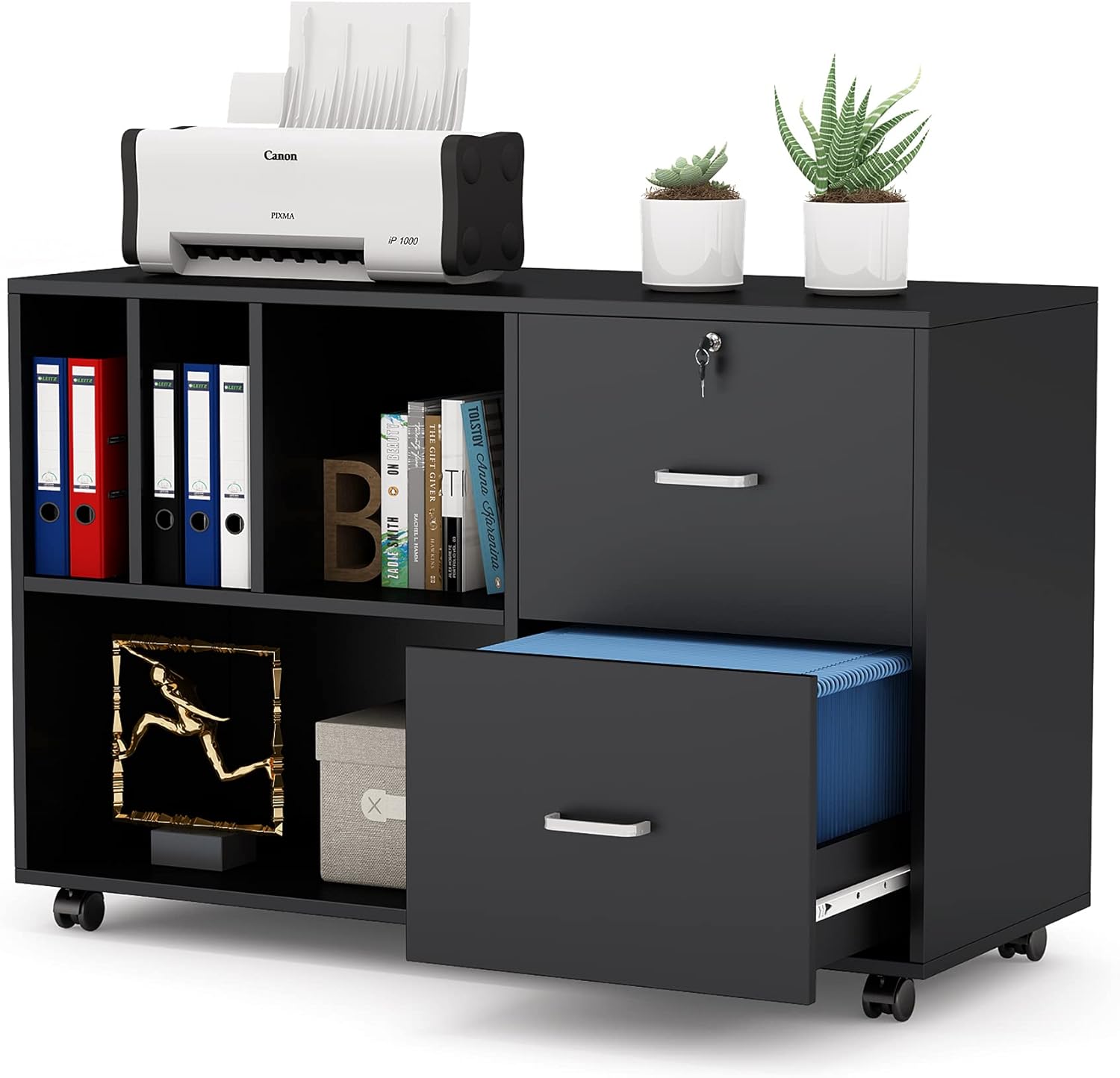 Black Lateral File Cabinet with Lock and Wheels U663200