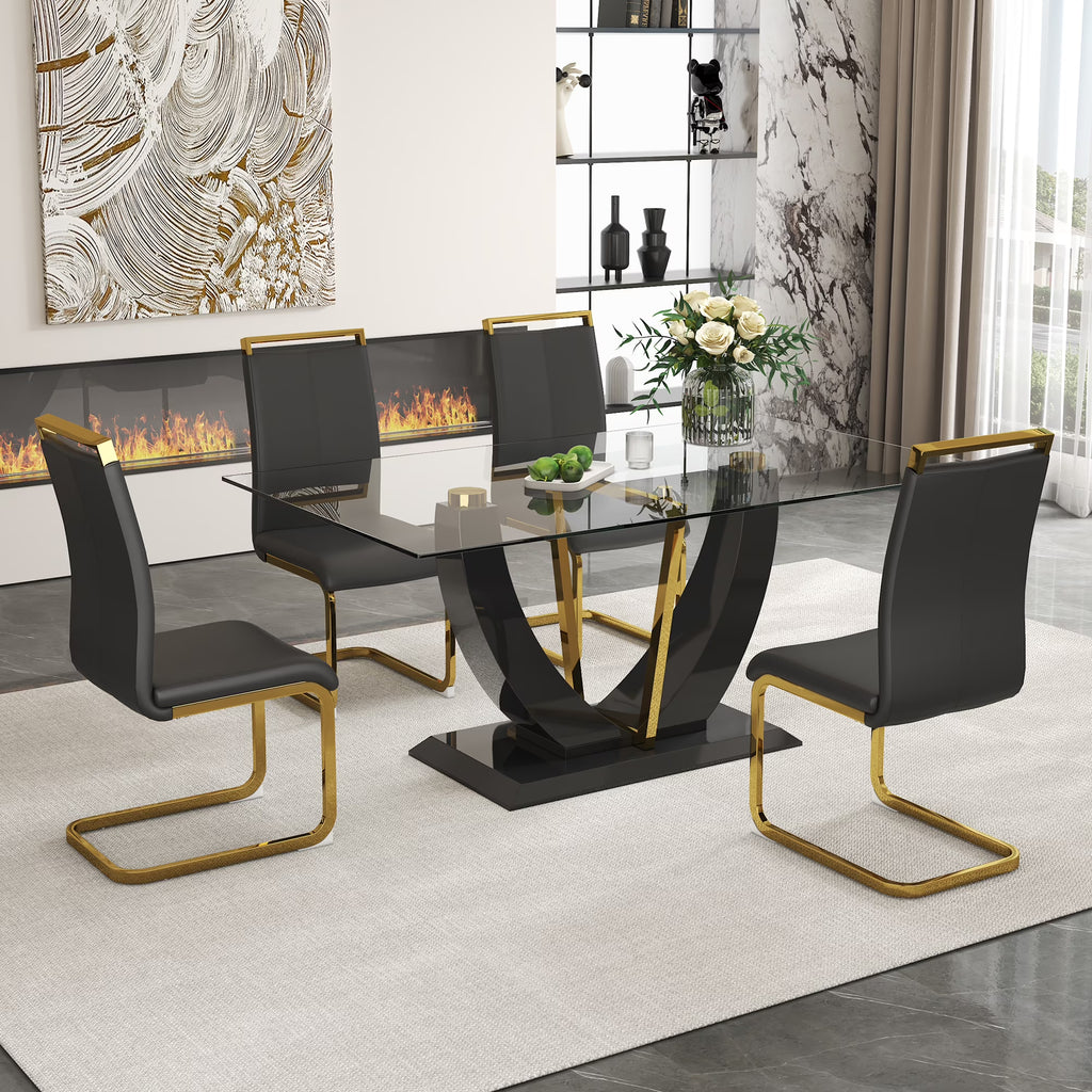 Black Rectangular Glass Dining Table Set with PU Leather Chairs G3987