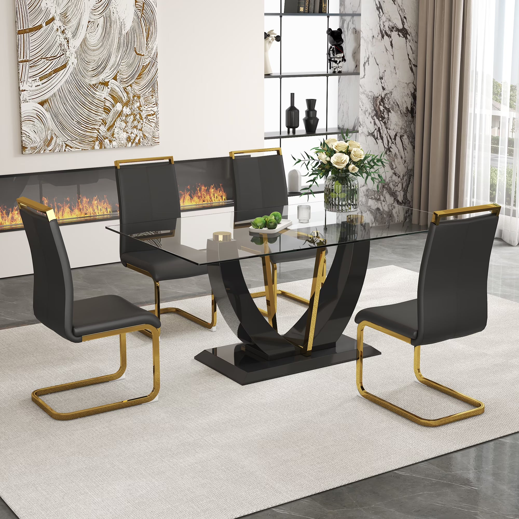 Black Rectangular Glass Dining Table Set with PU Leather Chairs G3987