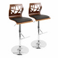 Set Of 2 Swivel Barstool In Chrome, Walnut Wood And Black Faux Leather S34976