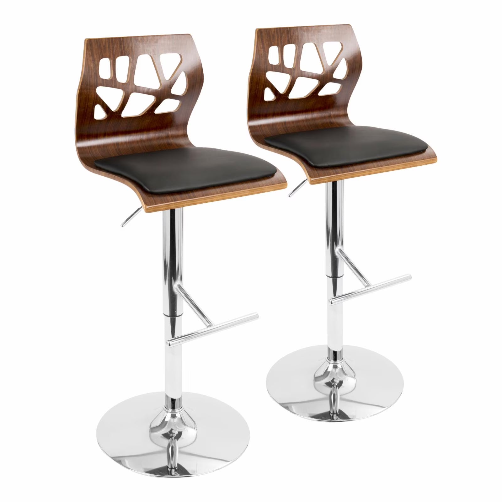 Set Of 2 Swivel Barstool In Chrome, Walnut Wood And Black Faux Leather S34976