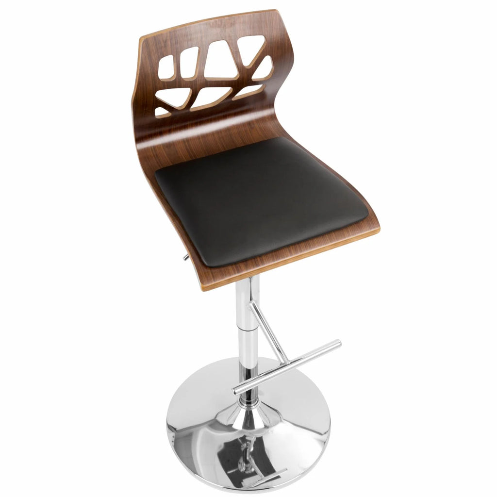 Set Of 2 Swivel Barstool In Chrome, Walnut Wood And Black Faux Leather S34976