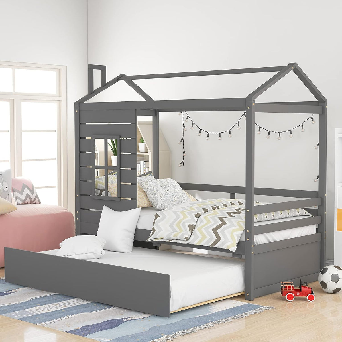 White Twin House Shape Wooden Floor Bed with Trundle Y607