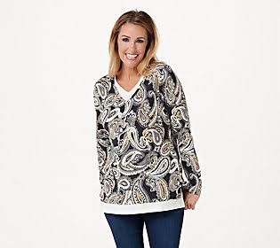 Paisley Printed Layered Knit Top, Size Small, Black Multi E95491