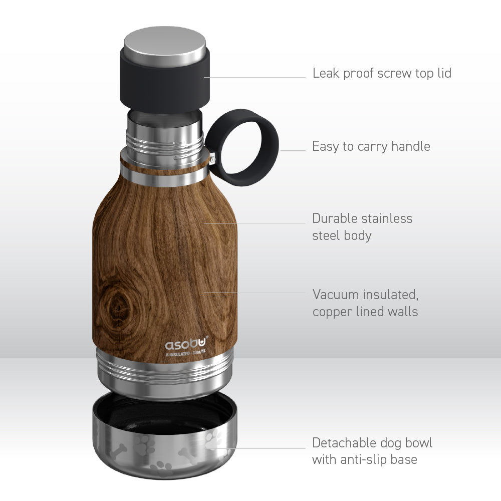 33 Ounce Stainless Steel Insulated Travel Bottle with Dog Bowl (Natural Wood) V174647