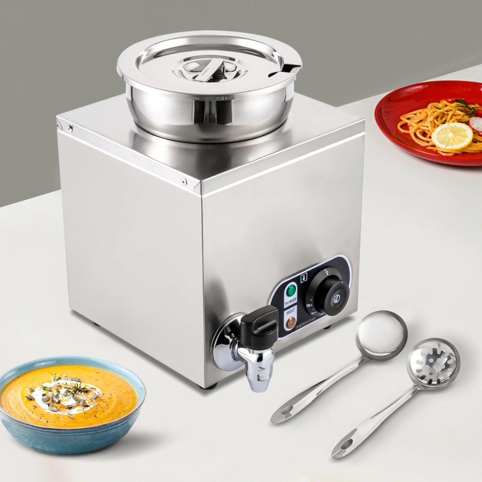 Commercial Soup Warmer Electric Food Warmer, Stainless Steel Countertop Soup Pot with Tap L1461