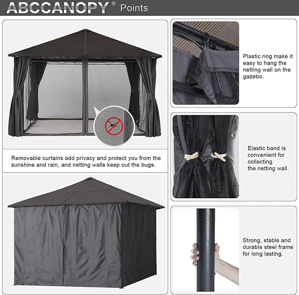 10x10 Hardtop Patio Gazebo with Netting and Screen Walls Curtains, Dark Gray W959