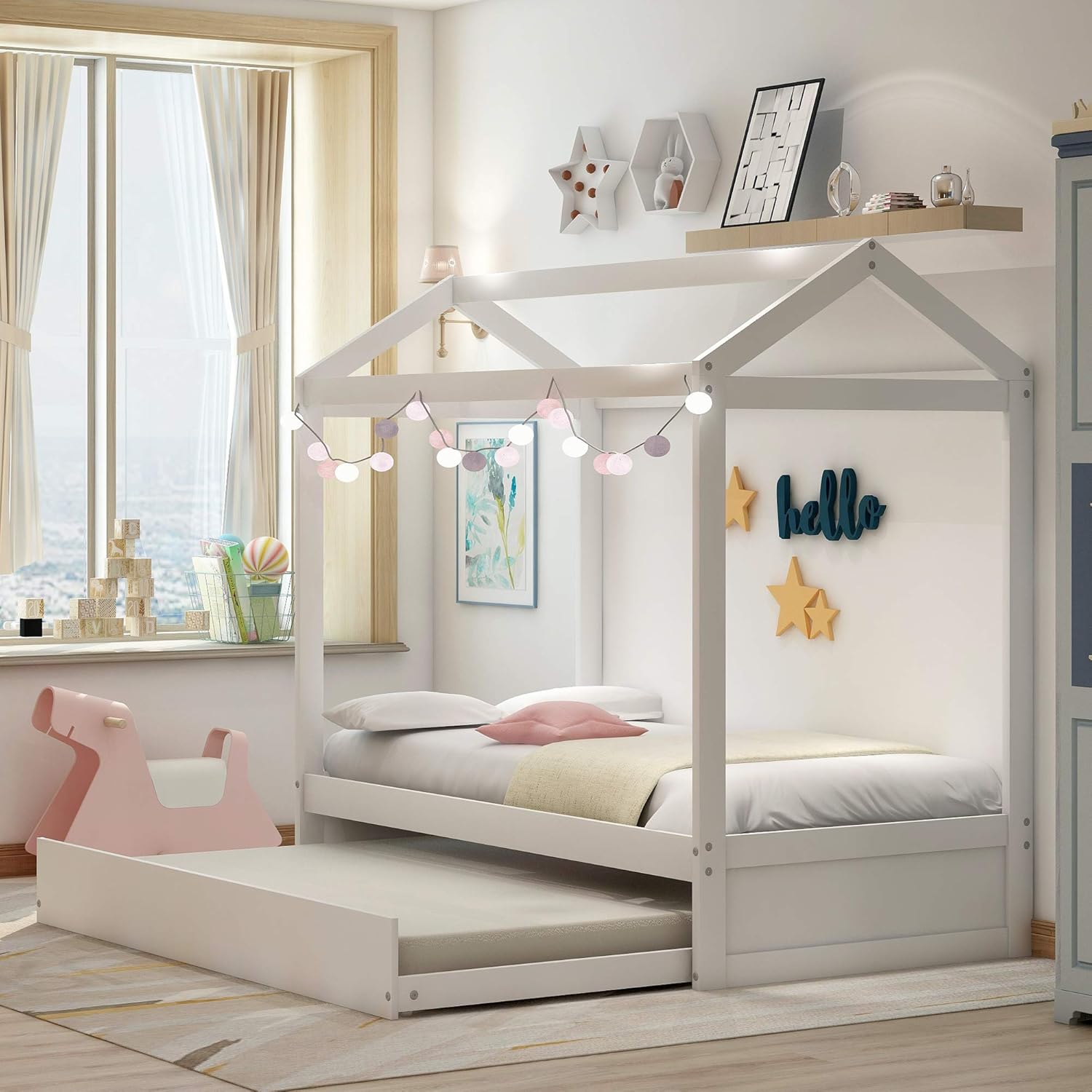 White Twin House Shape Wooden Floor Bed with Trundle Y607