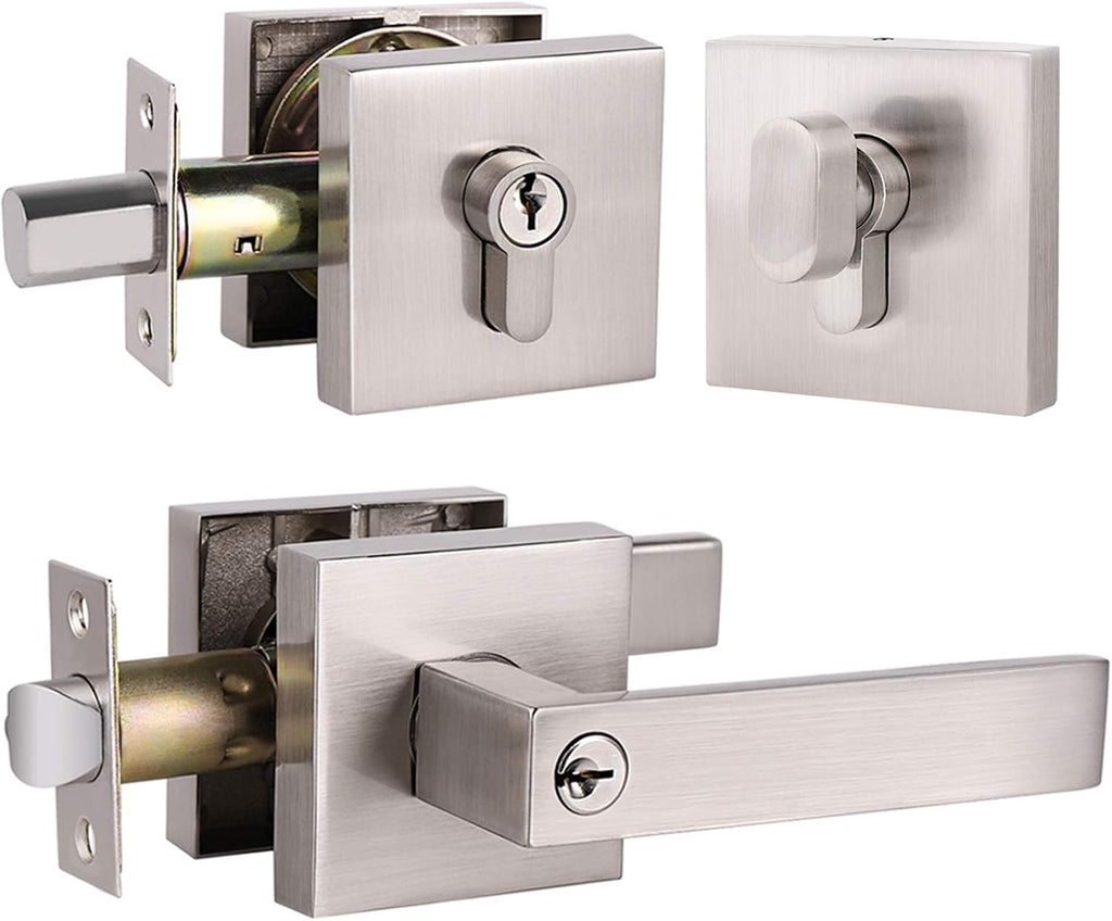 3 Pack Satin Nickel Entrance Lever Door Handle with Single Cylinder Deadbolt Locksets Keyed Alike P5618