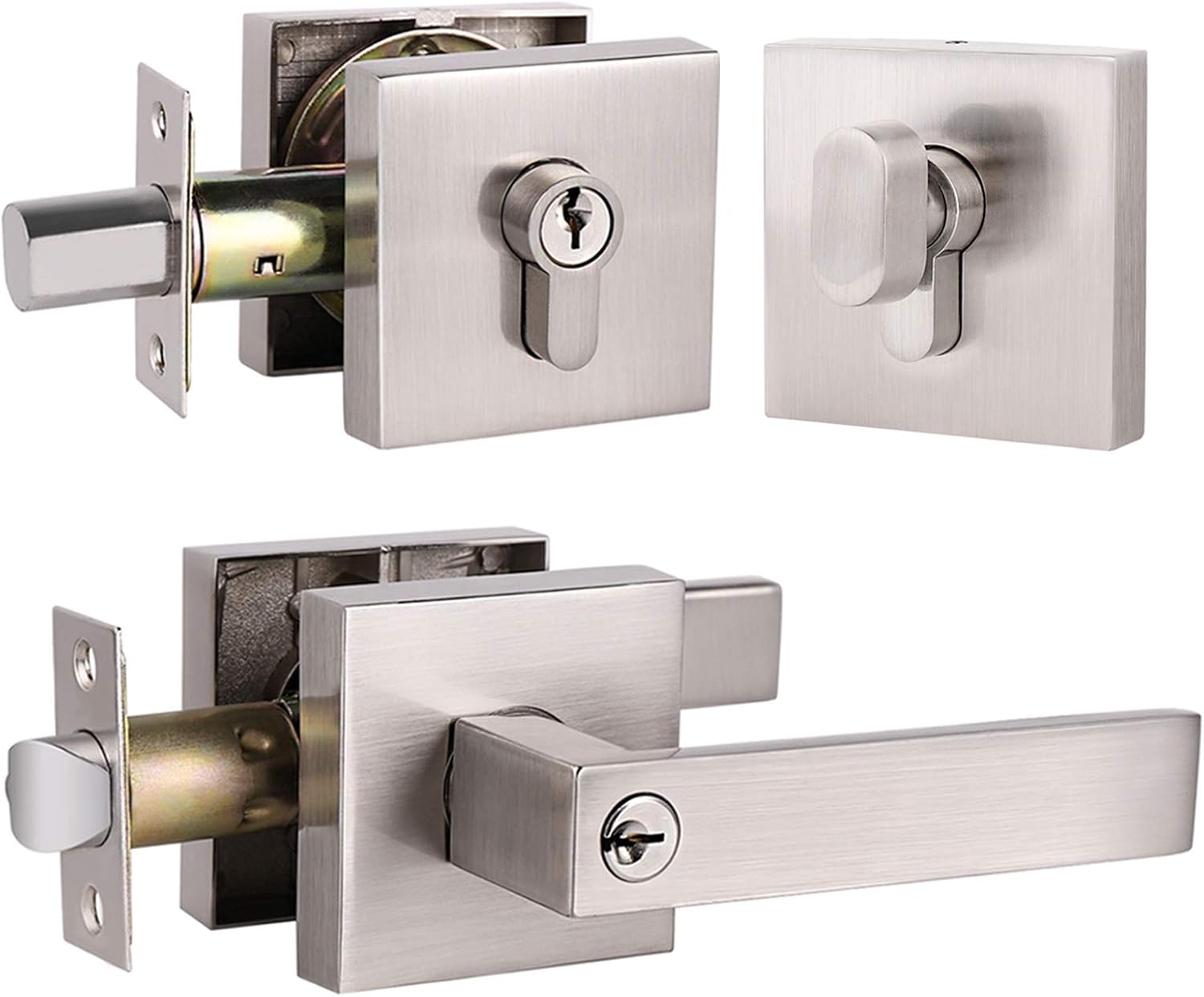 3 Pack Satin Nickel Entrance Lever Door Handle with Single Cylinder Deadbolt Locksets Keyed Alike P5618