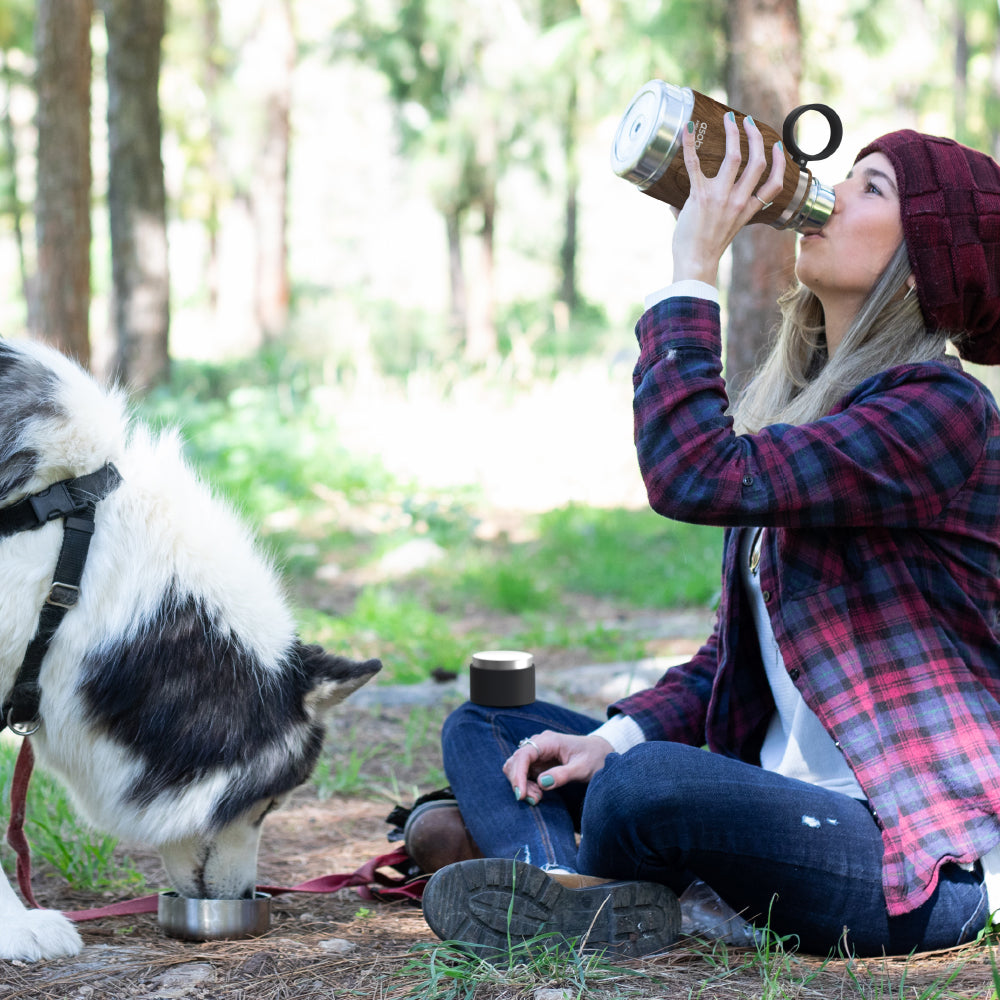 33 Ounce Stainless Steel Insulated Travel Bottle with Dog Bowl (Natural Wood) V174647