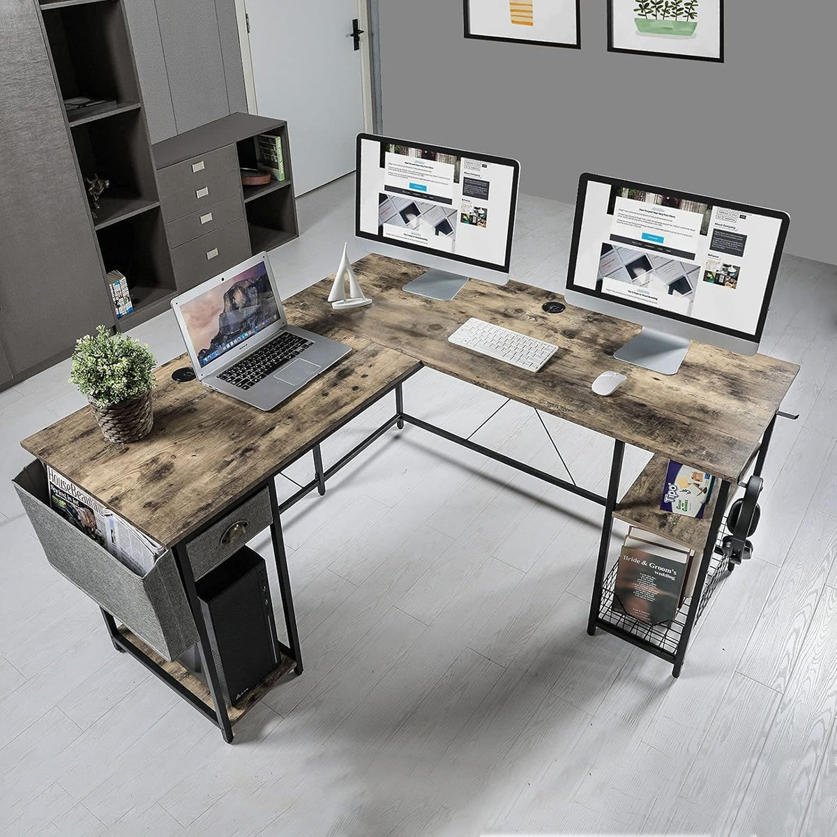 L-Shaped Computer Desk with Storage Shelves Drawer J7690