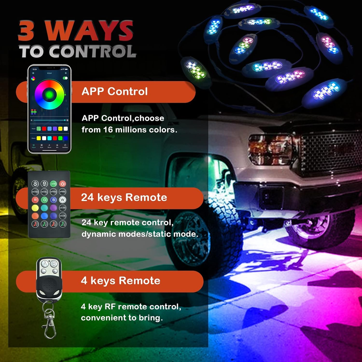 10 Pods RGB Rock Lights for Trucks, Multicolor Chasing Neon Underglow Lights Kits with APP/Remote Control & Music Mode, Waterproof IP68 Pack of 2 F773138