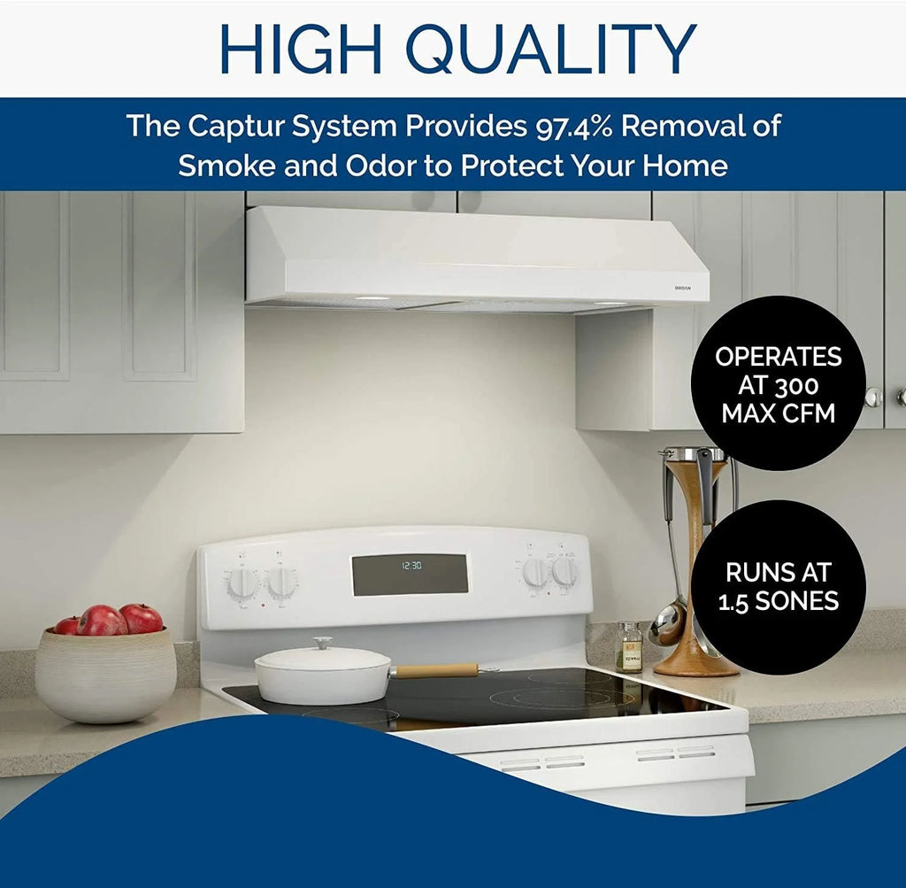White 30-inch Under-Cabinet 4-Way Convertible Range Hood with 2-Speed Exhaust Fan and Light, 300 Max Blower CFM B7581