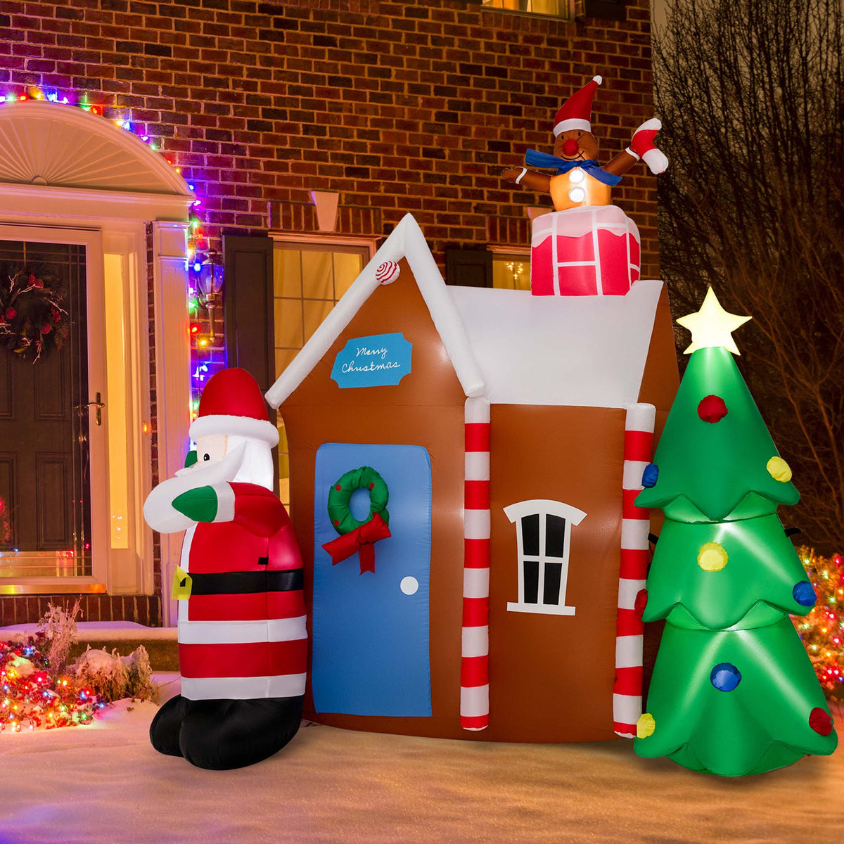 7 FT Inflatable Christmas Ginger House with Santa Claus Christmas Tree LED Lights W841110