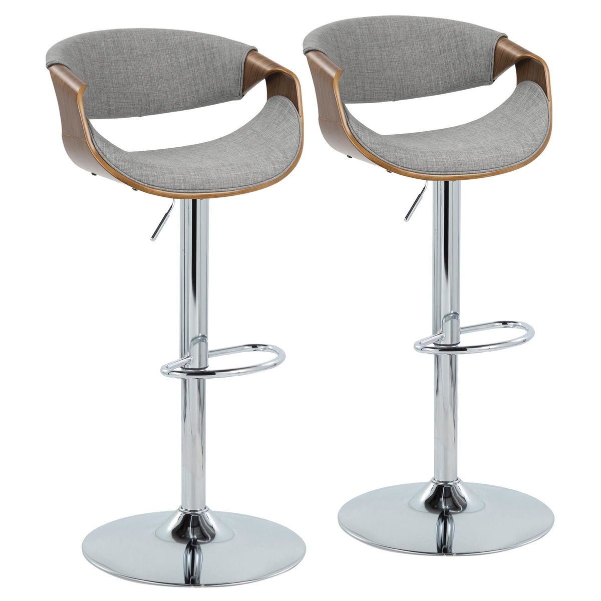 Walnut Wood Light Grey Fabric Adjustable Swivel Barstool Set of 2 B79767