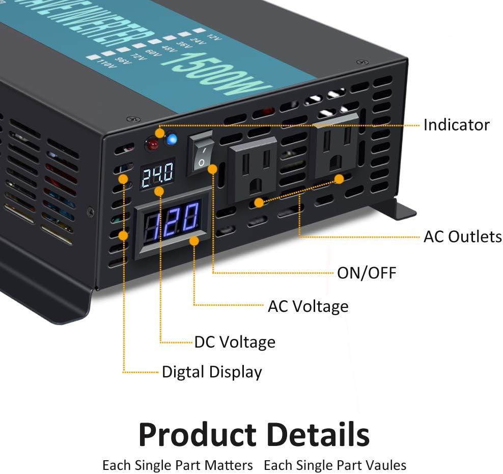 1500Watt 24V DC to 110V 120V Pure Sine Wave Power Inverter with Remote Control Dual AC Outlets A2200