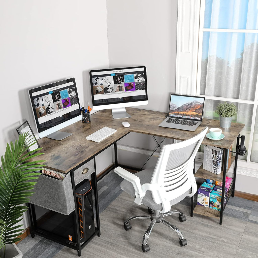 L-Shaped Computer Desk with Storage Shelves Drawer J7690