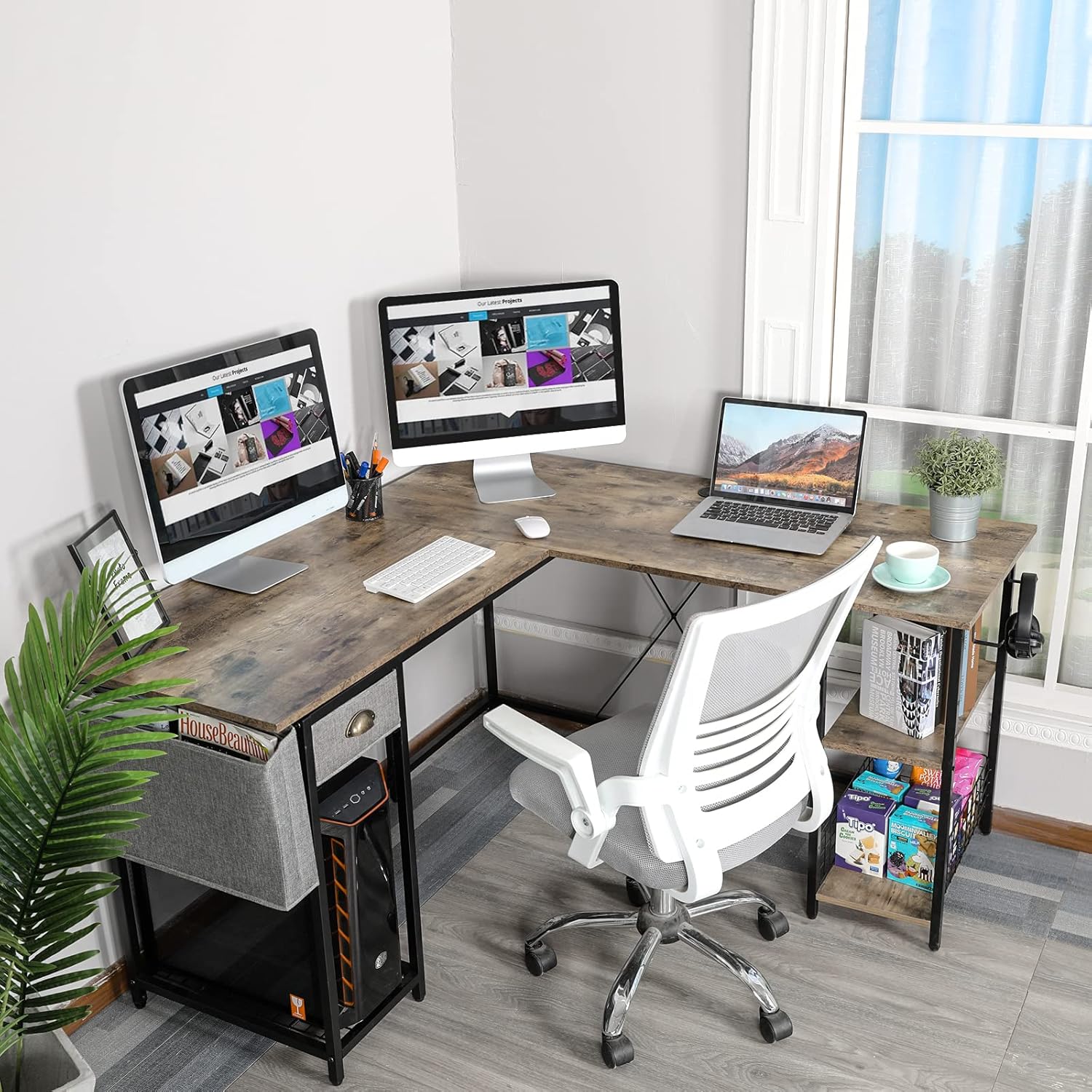 L-Shaped Computer Desk with Storage Shelves Drawer J7690
