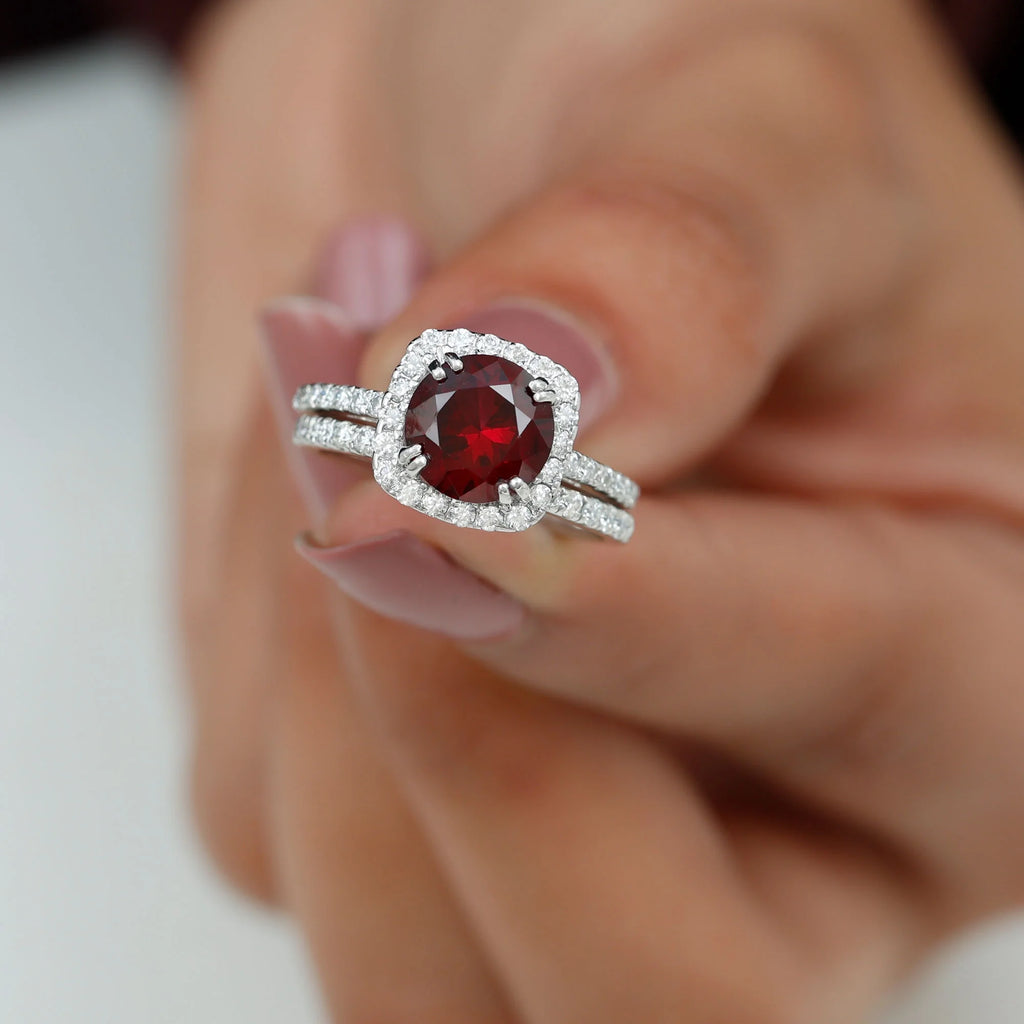 Lab Created Ruby Ring Set with Moissanite Accent, 925 Sterling Silver J29606