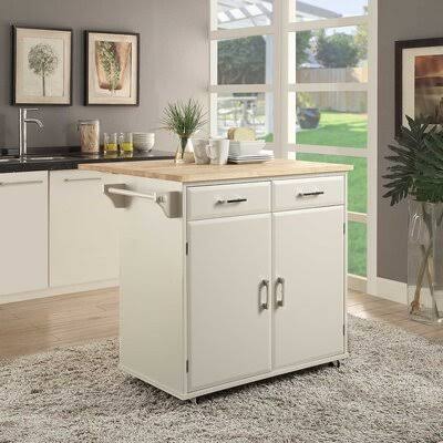 White Kitchen Cart with Solid Wood Top T589