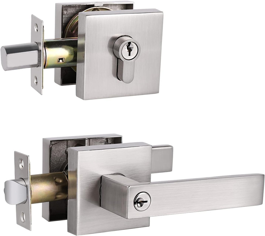 6 Pack Keyed Alike Lever Door Handle and Deadbolt Lock Set, Satin Nickel V405