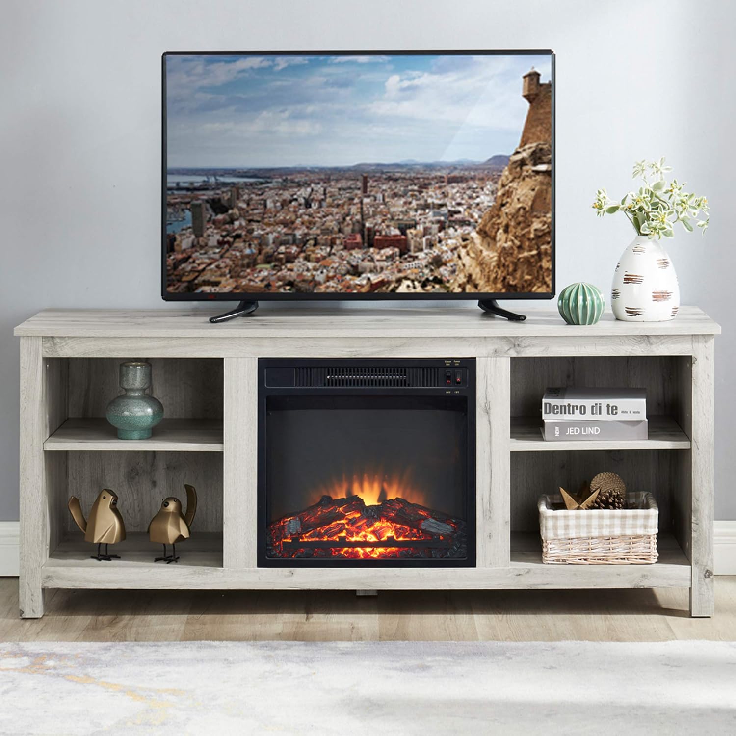 Light Grey Farmhouse Wooden TV Stand with Electric Fireplace Z766