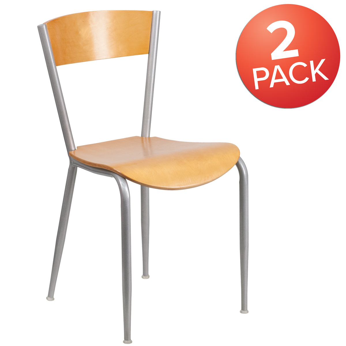 2 Pack Silver Metal Restaurant Chair with Natural Wood Back and Seat T9707