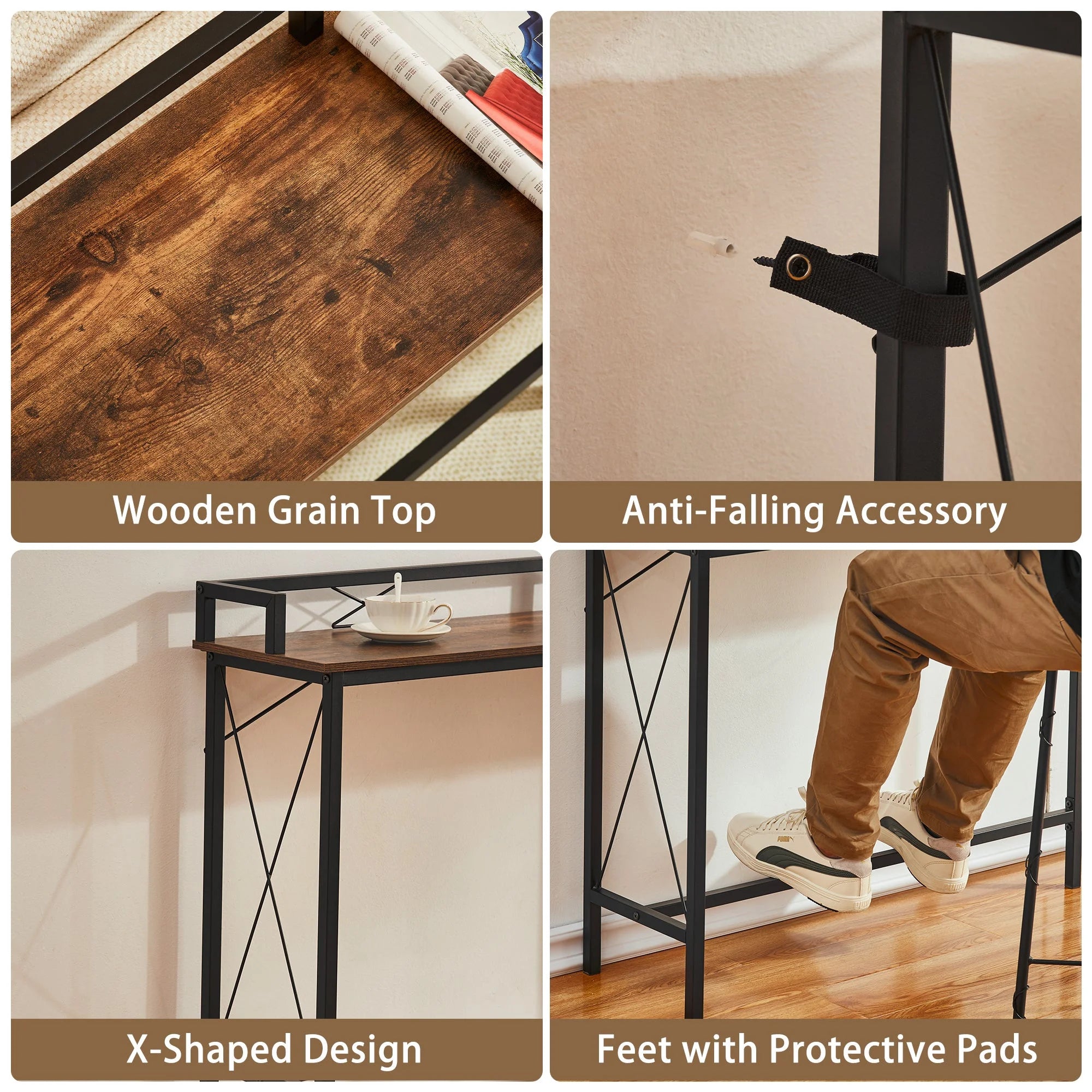 39.4" Console Table with 2 Outlet and 2 USB Ports, Industrial Style Sofa Table, Brown V81630
