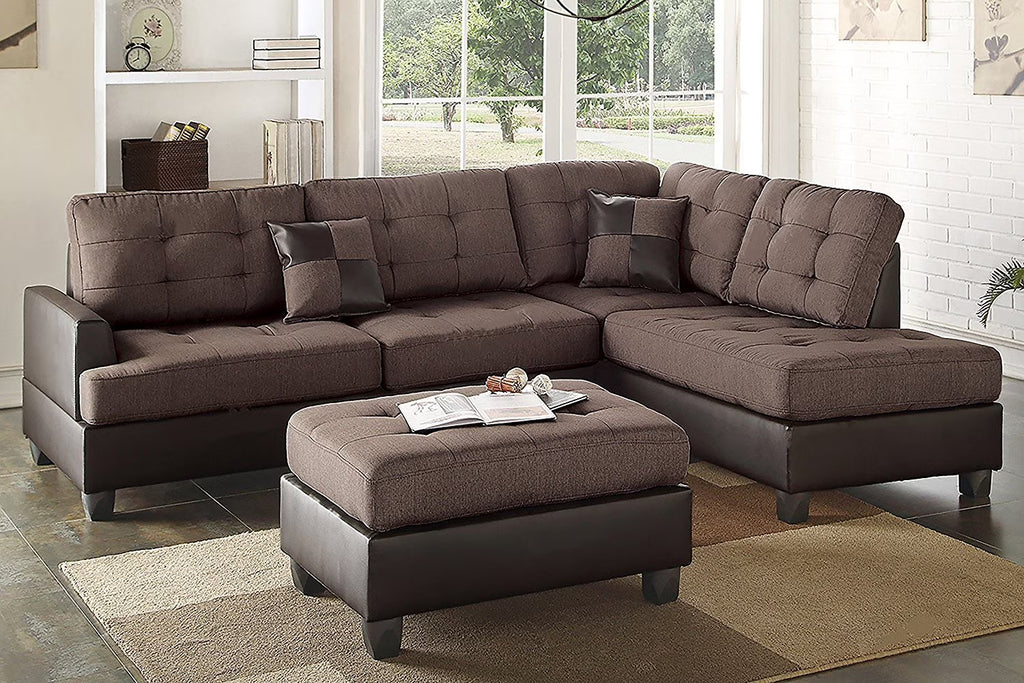 Chocolate Linen-Like Fabric Reversible Sectional Sofa Chaise Ottoman Set with 2 Accent Pillows E714