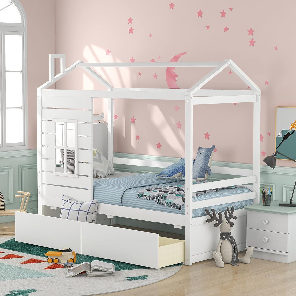 White Twin House Shape Wooden Floor Bed with Trundle Y607