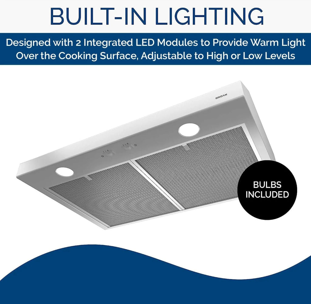 White 30-inch Under-Cabinet 4-Way Convertible Range Hood with 2-Speed Exhaust Fan and Light, 300 Max Blower CFM B7581