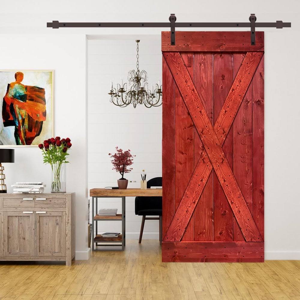 Cherry Red Stained Wood Interior Sliding Barn Door with Hardware Kit F34247
