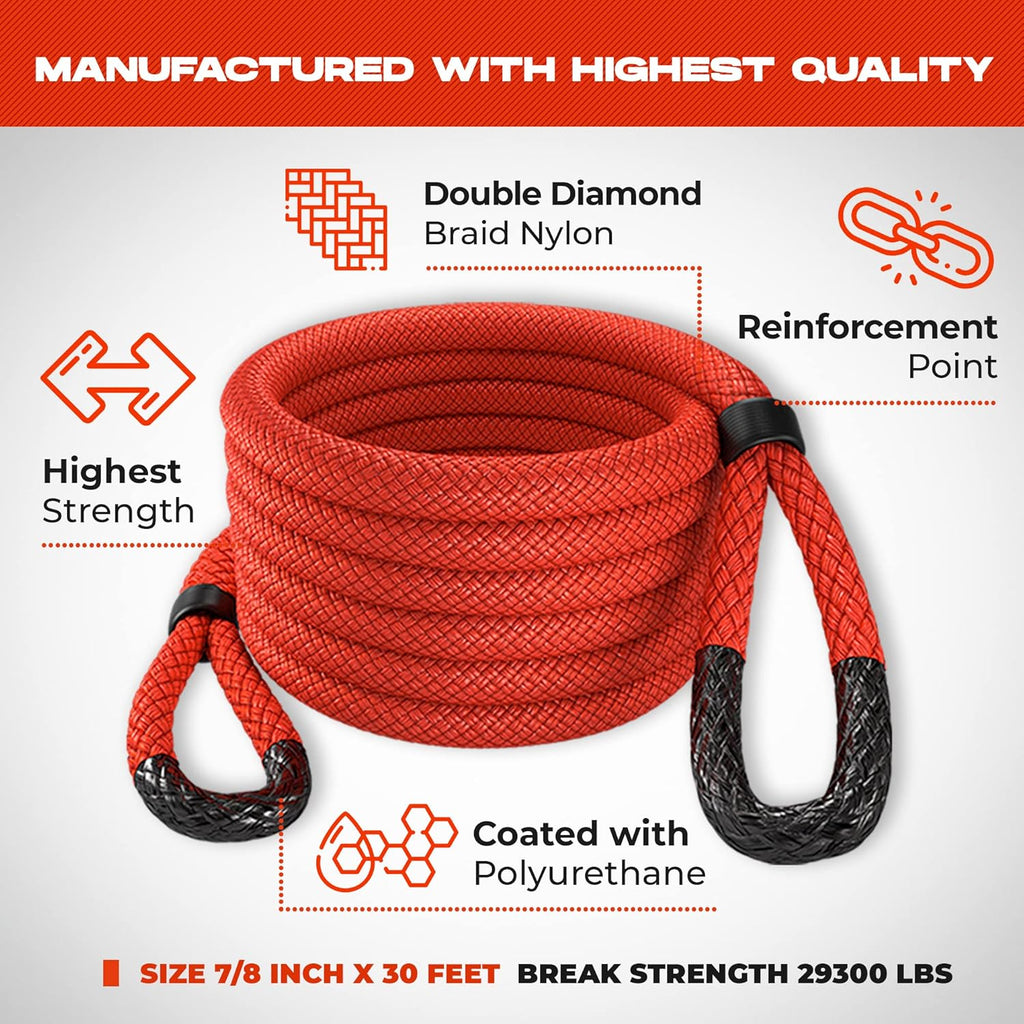 7/8" x 30' Kinetic Recovery & Tow Rope, Red, with 2 Spectra Fiber Soft Shackles D932557