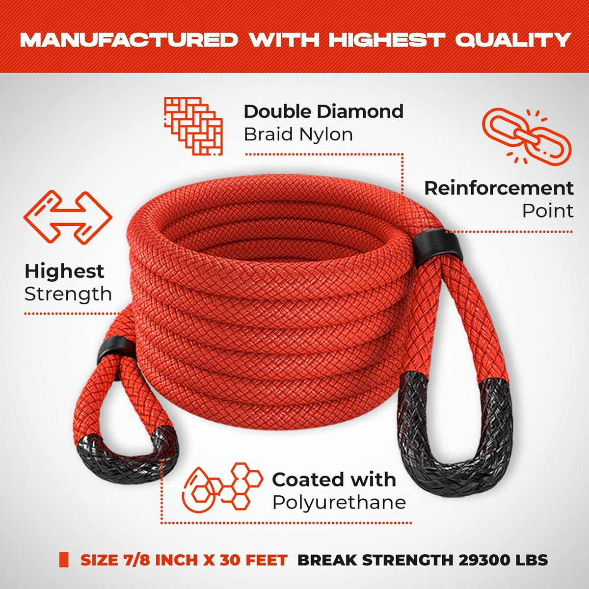7/8" x 30' Kinetic Recovery & Tow Rope, Red, with 2 Spectra Fiber Soft Shackles D932557