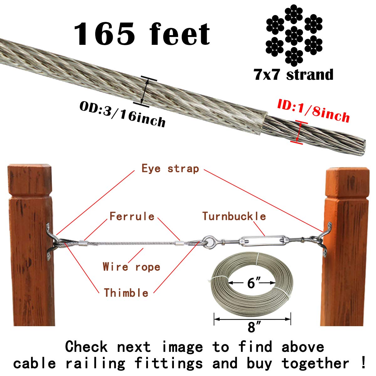 165 Feet Vinyl Coated Galvanized Steel Aircraft Cable for Railing Decking Stair Balustrade DIY I1645