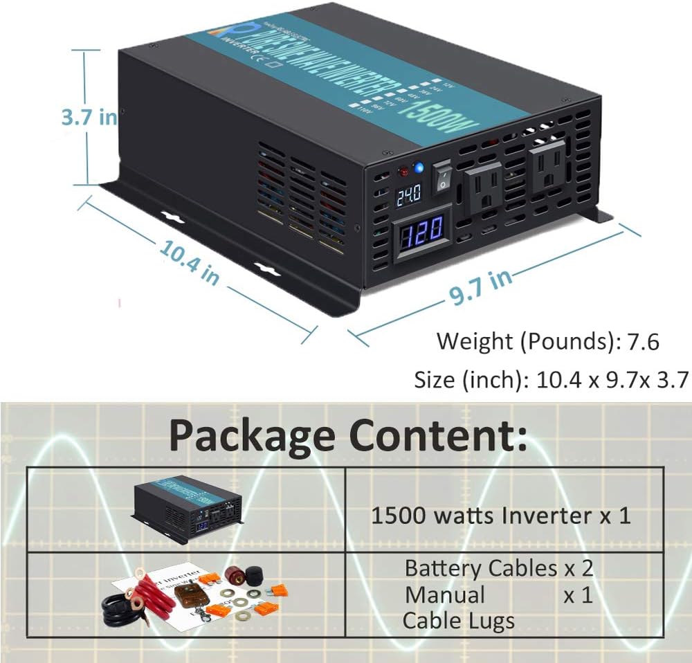 1500Watt 24V DC to 110V 120V Pure Sine Wave Power Inverter with Remote Control Dual AC Outlets A2200
