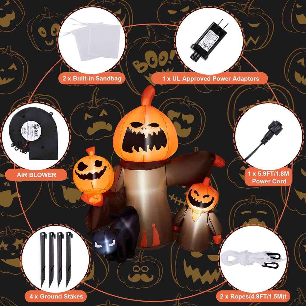 Inflatable Halloween Pumpkin with Cats, Built-in LED Lights, Outdoor Decor R672178
