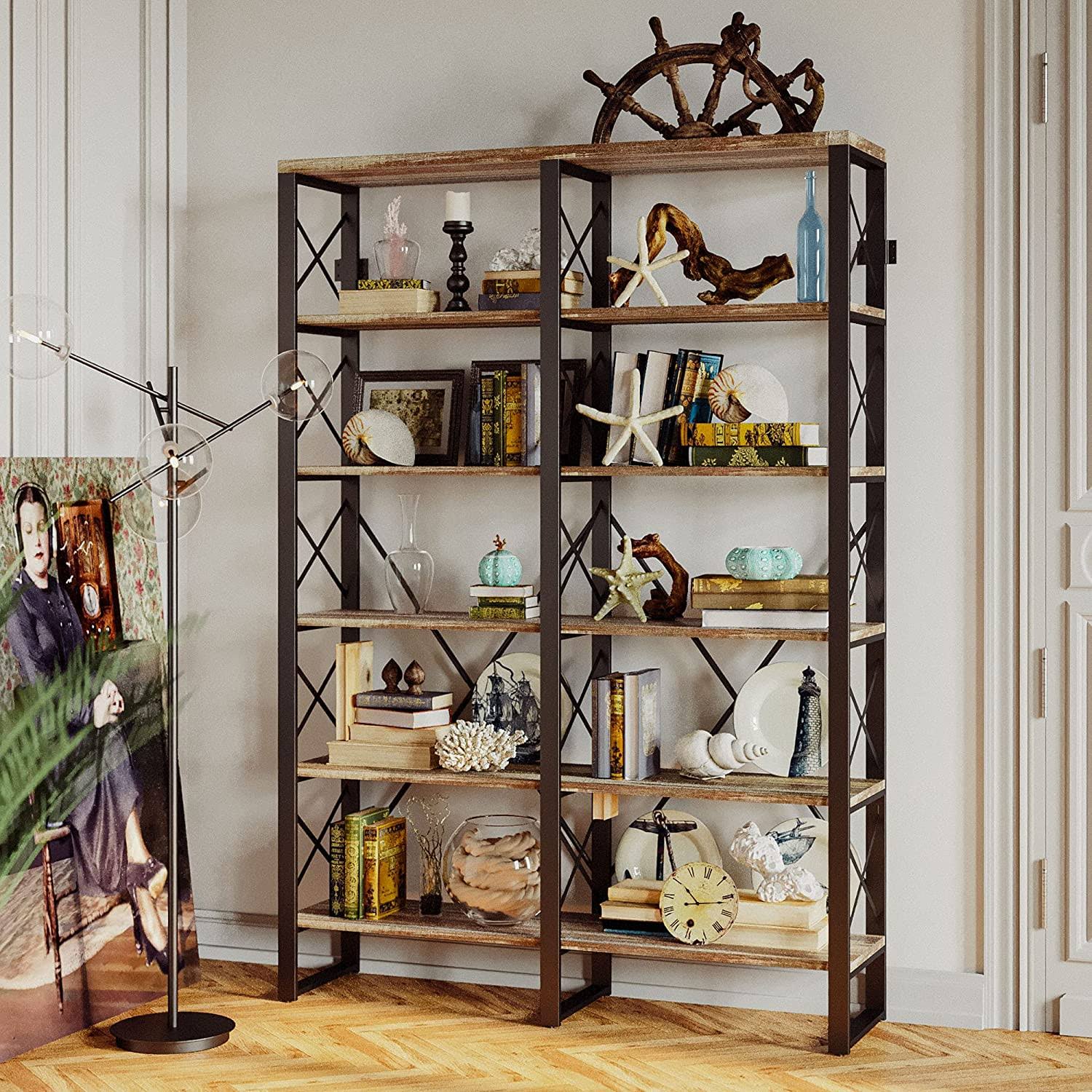 Industrial Bookshelf Double Wide 6-Tier Open Bookcase V53760